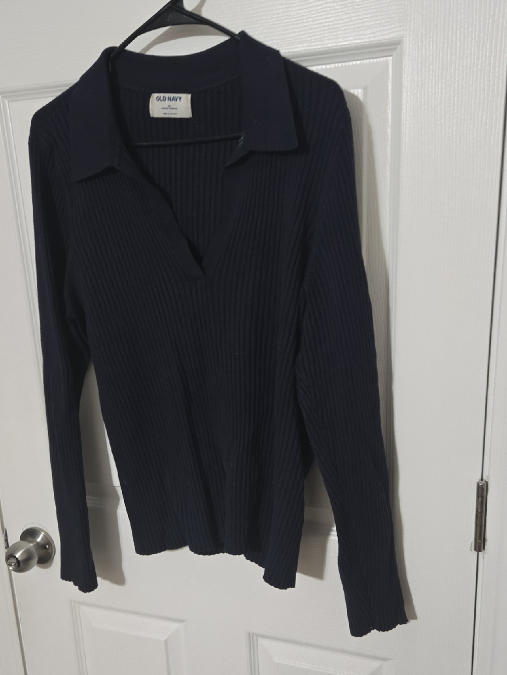 Old Navy Navy Ribbed V-Neck Collared Long Sleeve Top